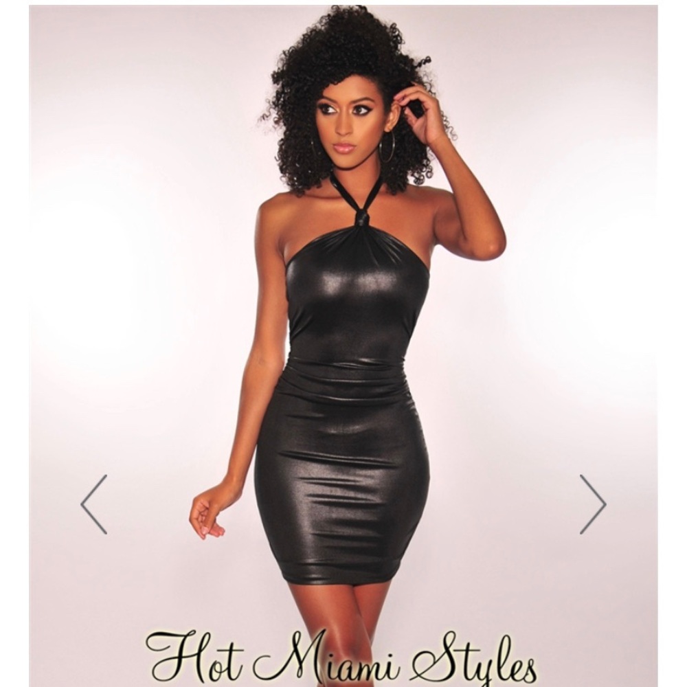 NWT Black Faux Leather Ruched Halter Dress